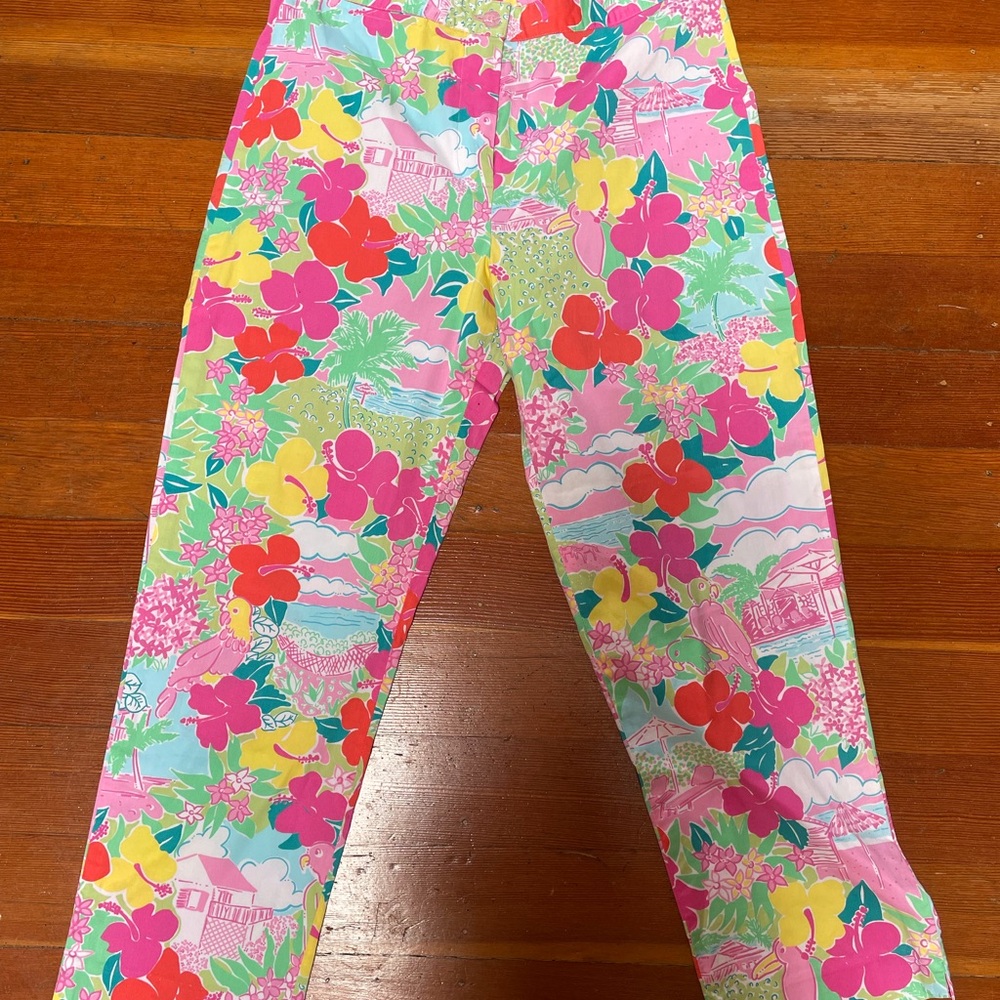 Women’s Tropical Floral Ankle/Crop Tailored - Pink Multi - Sz 2 - 100% Cotton